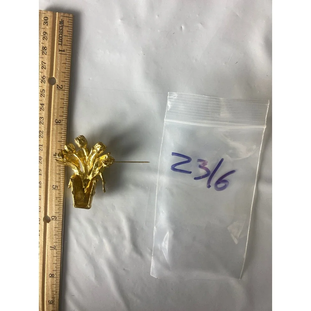 Vintage Gold Tone Tulip Flower Pot Brooch Pin Floral Garden Jewelry‎ 2 Inch